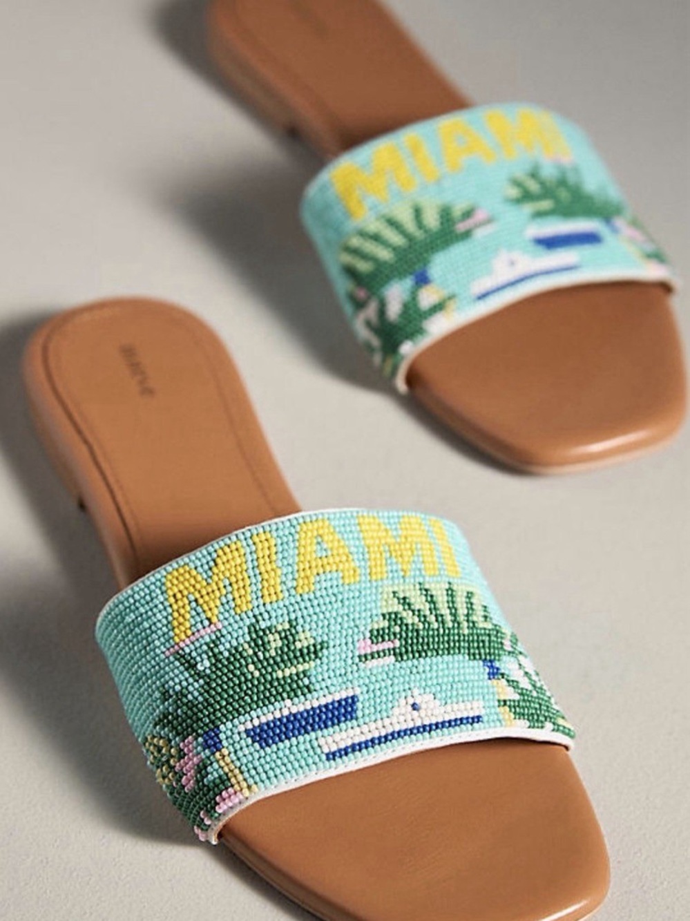 Maeve Miami Beaded Slide Sandals - Aqua & Tan